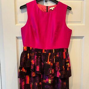 Shoshanna Hot Pink Multi Color Sleeveless Peplum Sheath Dress Silk Size 10